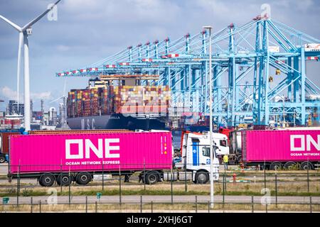 Der Seehafen von Rotterdam, Niederlande, Tiefseehafen Maasvlakte 2, auf einer künstlich angelegten Landfläche vor ursprünglichen Küste, APM Container Terminals, LKW Hat Container im Hafen abgeholt und transportiert sie weiter, Containerhafen Rotterdam *** le port maritime de Rotterdam, pays-Bas, port profond Maasvlakte 2, sur une zone terrestre artificielle au large de la côte originale, APM Container Terminals, camion a ramassé des conteneurs dans le port et les transporte plus loin, port à conteneurs de Rotterdam Banque D'Images