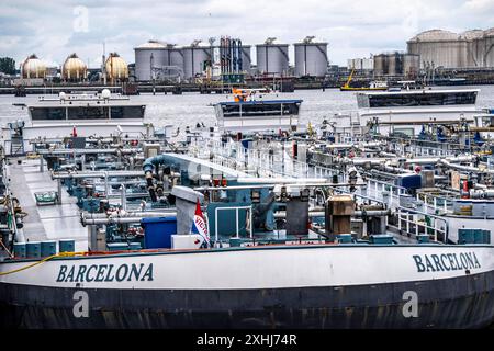 Binnentankschiffe warten auf neue Ladung, im Petroleumhaven, Seehafen von Rotterdam, Maasvlakte, Rotterdam Niederlande, Petroleumhaven *** bateaux-citernes intérieurs en attente de nouvelles cargaisons, dans le Petroleumhaven, port maritime de Rotterdam, Maasvlakte, Rotterdam pays-Bas, Petroleumhaven Banque D'Images