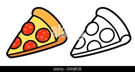 Tranche de pizza de dessin animé, dessin de couleur et icône de ligne noir et blanc. Illustration clipart vectorielle mignonne et simple. Illustration de Vecteur