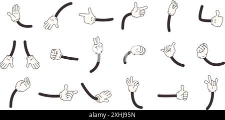 Mains comiques de dessin animé dans des gants blancs montrant divers gestes. Actions de la main de personnages rétro, signes d'approbation souffle rock bonne idée, ensemble vectoriel serrant Illustration de Vecteur