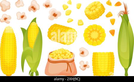 Maïs de dessin animé. Maïs épi pop-corn et grains dans un sac textile. Agriculture éléments de récolte, plantes agricoles saisonnières. Eléments vectoriels néotériques de culture de grains Illustration de Vecteur