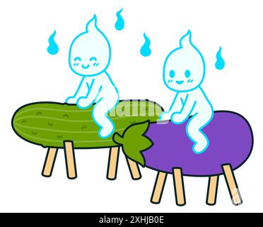 Spiritueux mignons chevauchant un concombre et une aubergine sur le festival japonais Obon. Dessin de dessin animé mignon, illustration de clip art vectoriel. Illustration de Vecteur