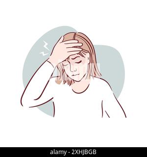 Jeune femme ayant mal à la tête. Une fille en lunettes tient ses tempes, migraine. Illustration vectorielle dessinée à la main dans le style d'esquisse. Problèmes de santé. Médical b Illustration de Vecteur