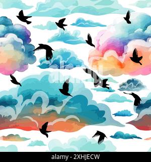 Fond sans couture de nuages et d'oiseaux. dessin à la main. Pas ai, illustration vectorielle. Illustration de Vecteur