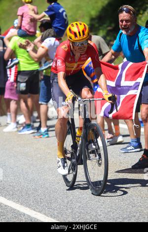 Boutx, France, 14 juillet 2024 : cycliste UNO-X Mobility, Magnus Cort (201) lors de la 15ème étape du Tour de France 2024 entre Loudenvielle et le plateau de Beille, le 14 juillet 2024, à Boutx, France. Crédit : Alberto Brevers / Alamy Live News. Banque D'Images