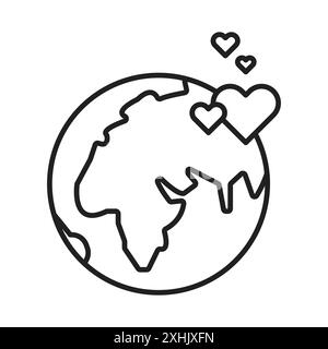 Earth Love Heart Icon vecteur d'art de ligne noire en noir et blanc contour set signe de collection Illustration de Vecteur