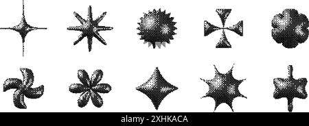 Jeu de formes pixelisées 3D an 2K. Bitmap étoiles, fleurs, collection d'éléments étincelants. Retro 8 bits sticker forme bundle pour affiche, bannière, collage, graphique d Illustration de Vecteur