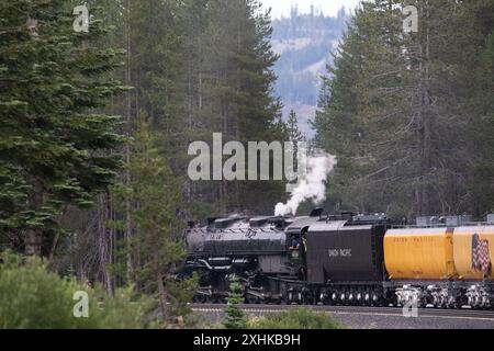 Truckee, États-Unis. 14 juillet 2024. L'Union Pacific "Big Boy" fait son chemin sur donner Pass et dans la ville de Truckee lors de sa visite historique après avoir été rénové. Des foules de gens se sont rendues pour regarder le train voyager à travers les montagnes de la Sierra Nevada en Californie. 14 juillet 2024. (Photo de Hale Irwin/Sipa USA) crédit : Sipa USA/Alamy Live News Banque D'Images