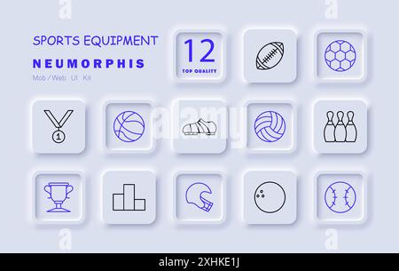 Icône d'ensemble d'équipements sportifs. Football, ballon de football, basket-ball, rugby, volley-ball, bowling, médaille, trophée, podium, casque, bowling ball, baseball. Illustration de Vecteur