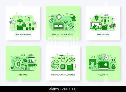 Cloud de données. Technologie Web. Logiciel de réseau de ligne pour centre de données numérique. Stockage de bases de données de documents. Circuit à micropuce pour ordinateur. EQUIPEMENT d'intelligence artificielle. Concepteur Internet. Icônes vectorielles définies Illustration de Vecteur