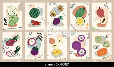 Ensemble d'affiches de fruits exotiques. Jackfruit coloré, pastèque et mangostine. Cartes alimentaires entières et à moitié isolées. Bannière verticale abstraite. Litchi et goyave. Illustration isolée de style plat de dessin animé vectoriel Illustration de Vecteur