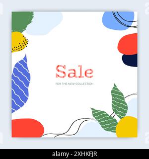 Grande vente. Réduction shopping. Fruits abstraits et feuilles de palmier. Colorer les taches de gribouillage. Offre spéciale boutique. Esquissez des formes plates simples. Promotion boutique d'été. Cadre carré. Bannière marketing vectorielle Illustration de Vecteur