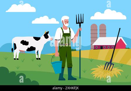 Ferme de dessins animés. Paysage de campagne. Homme fermier avec seau et fourche à foin. Vache pâturant dans la prairie. Champ de blé agricole. Maison rurale grange. Nature estivale. Animal d'élevage. Scène de village de vecteur Illustration de Vecteur