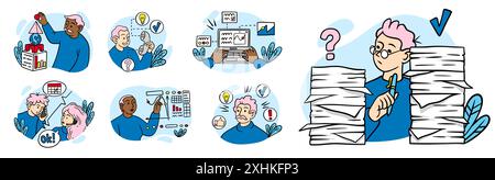 Scènes d'affaires. Communication avec les employés de bureau. Caractères de couleur de contour. Communication professionnelle. Scène de parole du manager. Paperasserie et planification de projet. Gestion professionnelle de l'entreprise. Jeu de dessins animés vectoriels Illustration de Vecteur