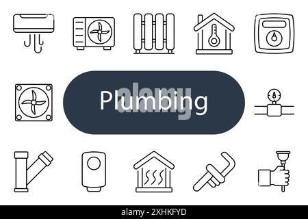 Icône de jeu de plomberie. Climatiseur, ventilateur, radiateur, thermostat, soupape, chauffe-eau, tuyau, plongeur. Concepts de systèmes HVAC et de plomberie. Illustration de Vecteur