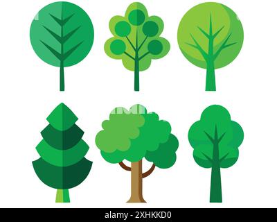 Le style plat des icônes d'arbre vert définit différents types sur fond blanc Illustration de Vecteur