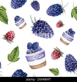 Modèle sans couture avec mûres, gâteaux et tarte à mûres, illustration aquarelle de mûres, tarte, cupcake, tarte à mûres Banque D'Images