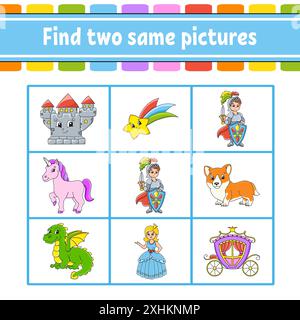 Trouvez deux mêmes photos. Tâche pour les enfants. Feuille de travail de développement de l'éducation. Page activité. Jeu de couleurs pour enfants. Drôle de personnage. Style dessin animé. Vecteur Illustration de Vecteur