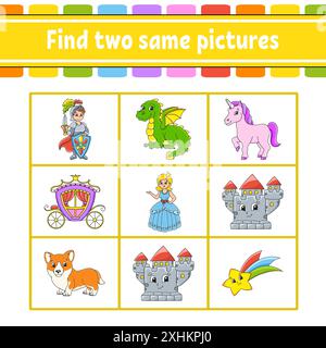 Trouvez deux mêmes photos. Tâche pour les enfants. Feuille de travail de développement de l'éducation. Page activité. Jeu de couleurs pour enfants. Drôle de personnage. Style dessin animé. Vecteur Illustration de Vecteur