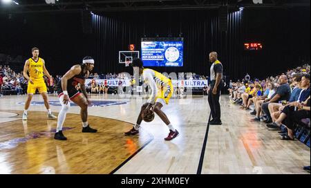 Edmonton, Canada. 09 juillet 2024. Edmonton Stinger a intenté en 2024 une action CEBL contre le Calgary Surge au Edmonton Expo Centre à Edmonton, en Alberta. Score final : Calgary Surge (7-7) 87:58 Edmonton Stingers (11-5) (photo de Ron Palmer/SOPA images/SIPA USA) crédit : SIPA USA/Alamy Live News Banque D'Images