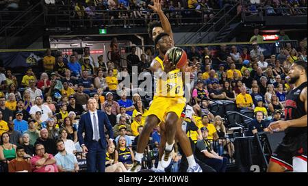 Edmonton, Canada. 09 juillet 2024. Edmonton Stinger a intenté en 2024 une action CEBL contre le Calgary Surge au Edmonton Expo Centre à Edmonton, en Alberta. Note finale : Calgary Surge (7-7) 87:58 Edmonton Stingers (11-5) crédit : SOPA images Limited/Alamy Live News Banque D'Images