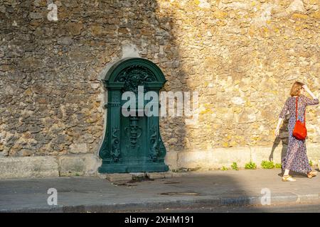 France, Paris, fontaine murale Wallace, rue Geoffroy Saint Hilaire Banque D'Images