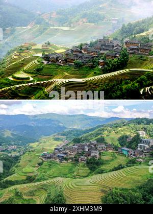 (240715) -- LONGSHENG, 15 juillet 2024 (Xinhua) -- cette photo combinée montre les familles d'accueil et les champs en terrasses en 2013 (ci-dessus, photo de dossier) et 2024 (ci-dessous, prise par le journaliste Xinhua Cao Yiming) au village de Dazhai du comté de Longsheng, dans la région autonome de Guangxi Zhuang, au sud de la Chine. Au-delà des pittoresques terrasses de riz de Longji se trouve le village de Dazhai, flanqué de verdure luxuriante, de montagnes imposantes et d'un éventail diversifié de familles d'accueil. Nommé parmi les meilleurs villages touristiques de 2022 par l'Organisation mondiale du tourisme (OMT) pour sa vue agricole à couper le souffle, ce village est également fier de sa robuste homesta Banque D'Images