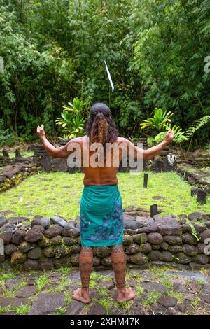 Polynésie française, île de Tahiti, vallée de Papenoo, Teuai Lenoir, guide polynésien couvert de tatouages traditionnels et vêtu d'un pagne invoquant un A. Banque D'Images