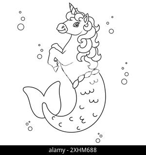 Licorne de sirène mignonne. Cheval de fée magique. Page de livre de coloriage pour les enfants. Style dessin animé. Illustration vectorielle isolée sur fond blanc. Illustration de Vecteur