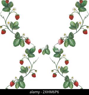 Modèle sans couture d'illustrations aquarelles de fraises, de feuilles, de fleurs et de moustaches de fraises. Dessiné à la main, isolé sur un fond blanc Banque D'Images