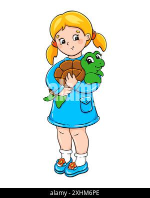 La petite fille mignonne tient une tortue. Personnage de dessin animé. Illustration vectorielle colorée. Isolé sur fond blanc. Elément de conception. Modèle pour votre Illustration de Vecteur