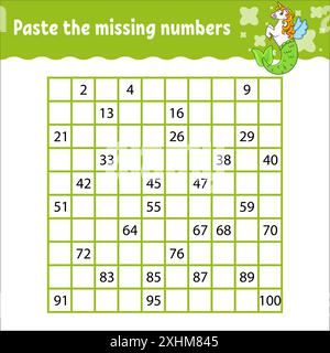 Collez les numéros manquants de 1 à 100. Pratique de l'écriture manuscrite. Apprendre des chiffres pour les enfants. Feuille de travail de développement de l'éducation. Page activité. Vect isolé Illustration de Vecteur