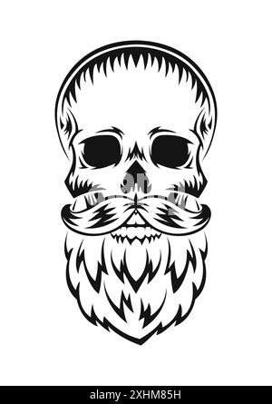 Crâne humain avec barbe et moustache. Silhouette noire. Elément de conception. Esquisse dessinée à la main. Style vintage. Illustration vectorielle. Illustration de Vecteur