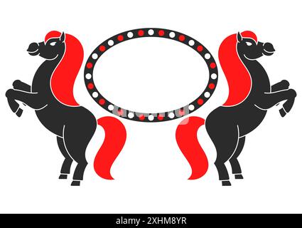 Les deux chevaux se sont élevés.Avec espace pour votre texte.Élément pour la conception des étiquettes, des sites.Silhouette noire.Illustration simple à vecteur plat. Illustration de Vecteur