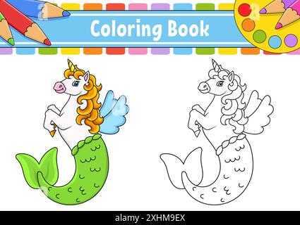 Livre de coloriage pour enfants. Licorne de sirène mignonne. personnage de dessin animé. Illustration vectorielle. Contour noir. Isolé sur fond blanc. Illustration de Vecteur