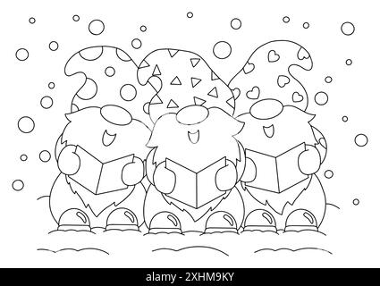 De joyeux gnomes chantent une chanson de Noël. Page de livre de coloriage pour les enfants. Personnage de style dessin animé. Illustration vectorielle isolée sur fond blanc. Illustration de Vecteur