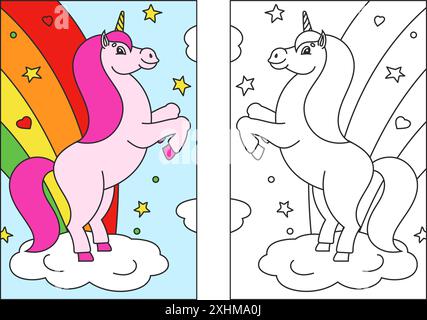 Livre de coloriage pour enfants. La licorne magique s'éleva. Le cheval animal se tient sur ses pattes arrière. Style dessin animé. Illustration vectorielle plate simple. Illustration de Vecteur