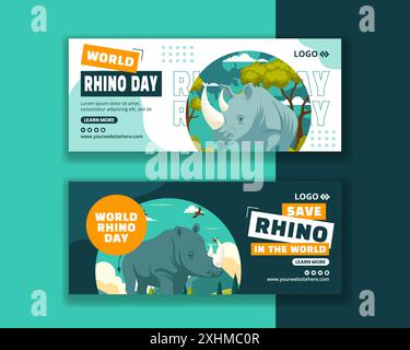 Rhino Day bannière horizontale plat dessin animé modèles dessinés à la main illustration de fond Illustration de Vecteur
