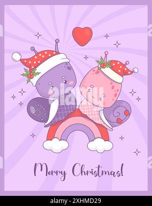 Carte de joyeux Noël. Couple aimant mignon de vacances escargots fille et garçon dans chapeau de Père Noël sur arc-en-ciel. Personnage kawaii d'insecte groovy drôle. Vecteur vertical Illustration de Vecteur