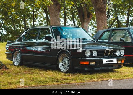 Orejo, Espagne - 2 juin 2024 : BMW série 5 e28 M en couleur noire lors d'une exposition de voitures anciennes en plein air Banque D'Images