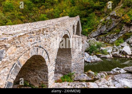 Le pont du diable est un pont à trois arcades au-dessus de la rivière Arda, dans une étroite gorge faisant partie d'un ancien réseau routier, la Bulgarie. Banque D'Images