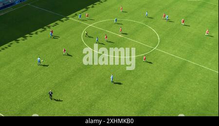 Vue aérienne de haut en bas du terrain de football et de deux équipes professionnelles jouant. Passant, dribble, attaquant. Match de tournoi de football, compétition internationale. Survol de tout le stade. Banque D'Images