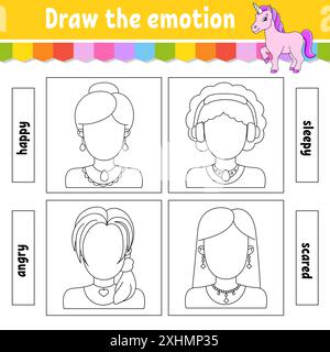 Dessinez l'émotion. Feuille de travail complétez la face. Livre de coloriage pour enfants. Illustration de Vecteur