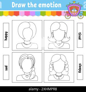 Dessinez l'émotion. Fiche de travail remplir le visage. Livre de coloriage pour enfants. Caractère joyeux. Illustration vectorielle. Silhouette de contour noire. Isolé sur Illustration de Vecteur