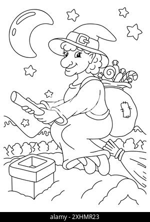 Mignon Befana vole sur un balai avec un sac de cadeaux. Page de livre de coloriage pour les enfants. Personnage de style dessin animé. Illustration vectorielle isolée sur bac blanc Illustration de Vecteur