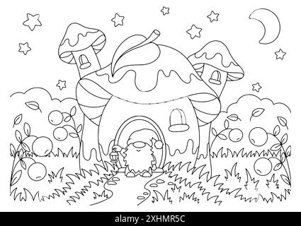 Un gnome mignon se tient dans une clairière près de la maison des champignons. Page de livre de coloriage pour les enfants. Personnage de style dessin animé. Illustration vectorielle isolée sur blanc Illustration de Vecteur