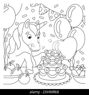 Page de livre de coloriage pour les enfants. La licorne à la fête d'anniversaire regarde le gâteau. Personnage de style dessin animé. Illustration vectorielle isolée sur fond blanc Illustration de Vecteur