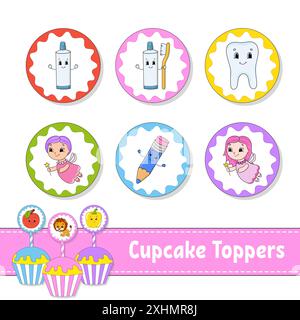 Garnitures pour cupcakes. Ensemble de six photos rondes. personnages de dessins animés. Image mignonne. Pour anniversaire, py, baby shower. Illustration de Vecteur