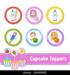 Garnitures pour cupcakes. Ensemble de six photos rondes. personnages de dessins animés. Image mignonne. Pour anniversaire, py, baby shower. Illustration de Vecteur