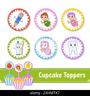 Garnitures pour cupcakes. Ensemble de six photos rondes. personnages de dessins animés. Image mignonne. Pour anniversaire, py, baby shower. Illustration de Vecteur